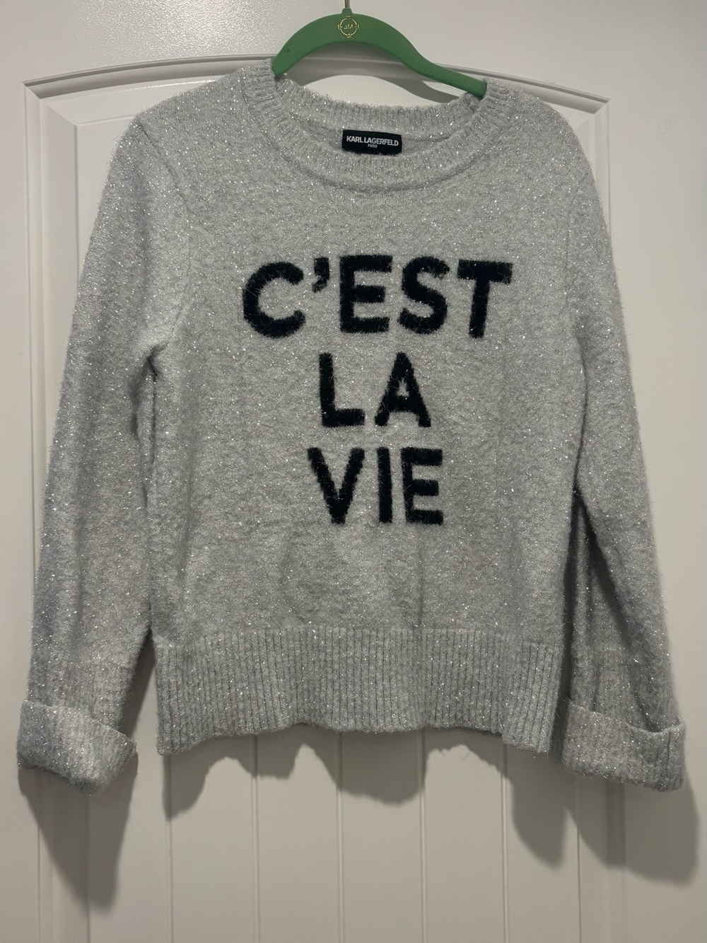 Karl Lagerfeld size small silver and black metallic sweater cest La vie